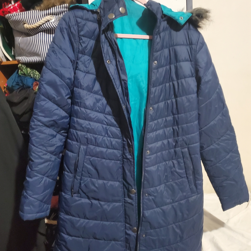 Blue Quilted Coat with Hood